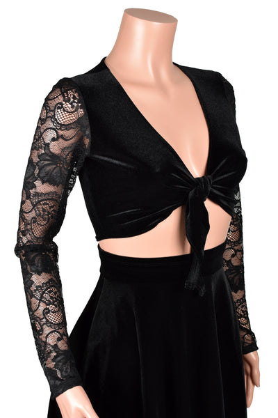 Black Velvet and Lace Tie-Front Longsleeve Cropped Sweater