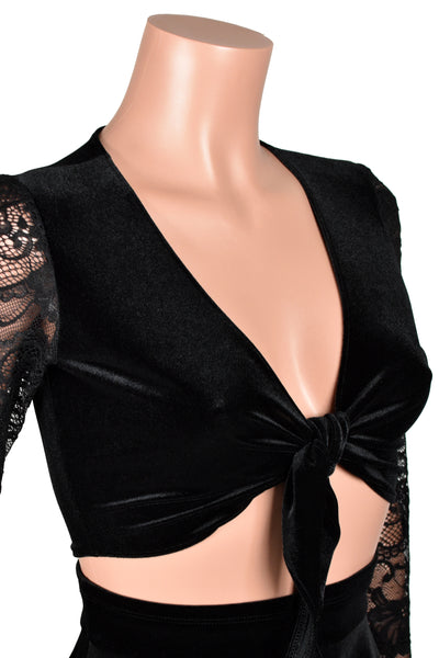 Black Velvet and Lace Tie-Front Longsleeve Cropped Sweater
