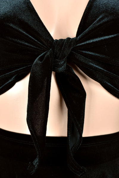 Black Velvet and Lace Tie-Front Longsleeve Cropped Sweater