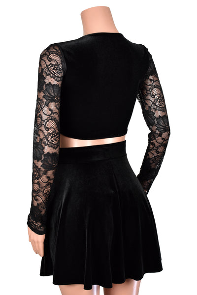 Black Velvet and Lace Tie-Front Longsleeve Cropped Sweater