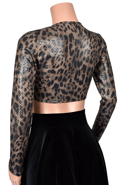 Shiny Leopard Print Mesh Net Tie-Front Longsleeve Crop Top (semi-sheer)