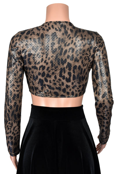 Shiny Leopard Print Mesh Net Tie-Front Longsleeve Crop Top (semi-sheer)