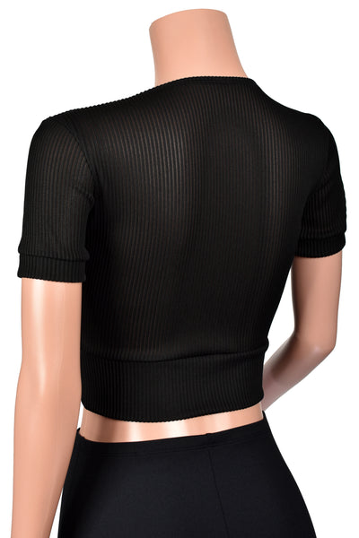 Sheer Black Mini Stripe Short Sleeve Crop Top