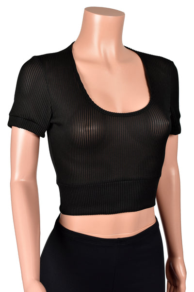 Sheer Black Mini Stripe Short Sleeve Crop Top