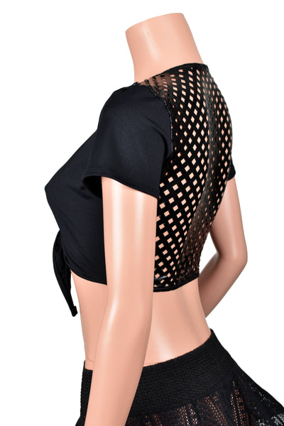 Sheer Black Metallic Cut-Out Back Tie-Front Crop Top