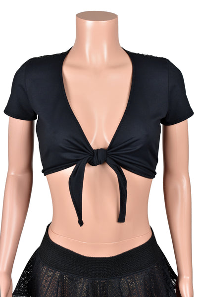 Sheer Black Metallic Cut-Out Back Tie-Front Crop Top