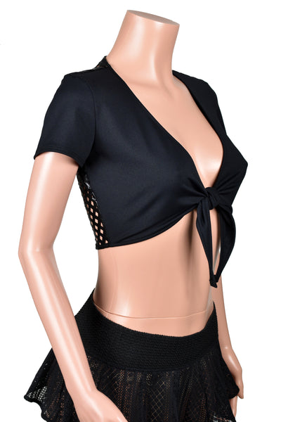 Sheer Black Metallic Cut-Out Back Tie-Front Crop Top
