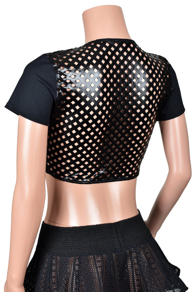 Sheer Black Metallic Cut-Out Back Tie-Front Crop Top