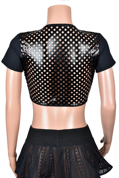 Sheer Black Metallic Cut-Out Back Tie-Front Crop Top