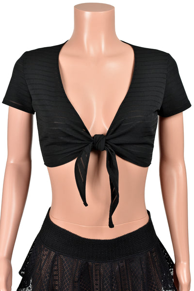 Black Semi-Sheer Striped Tie-Front Crop Top
