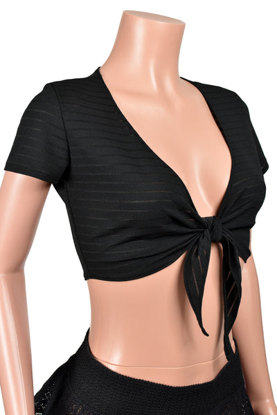 Black Semi-Sheer Striped Tie-Front Crop Top