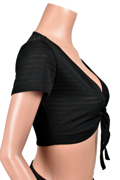 Black Semi-Sheer Striped Tie-Front Crop Top