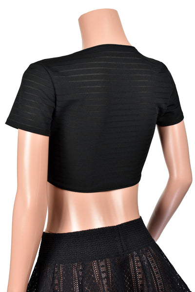 Black Semi-Sheer Striped Tie-Front Crop Top