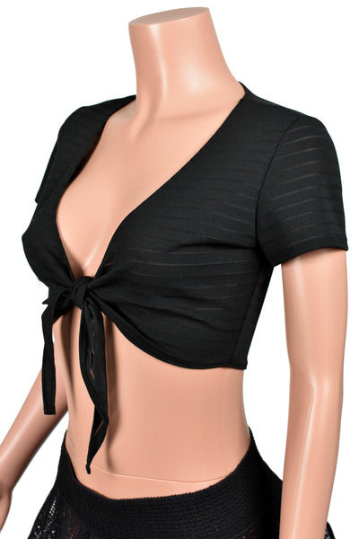 Black Semi-Sheer Striped Tie-Front Crop Top