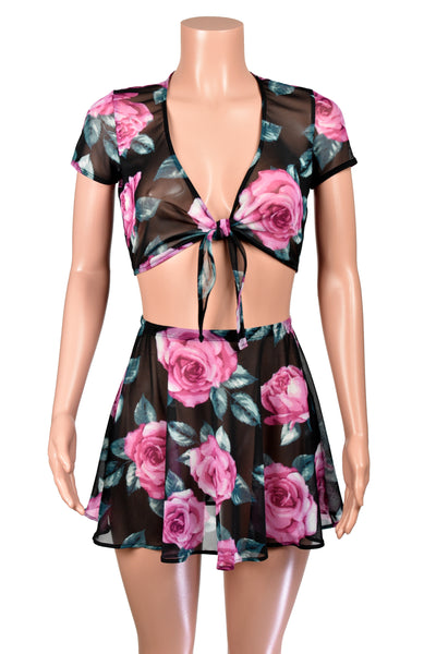 Black Floral Mesh Tie-Front Crop Top