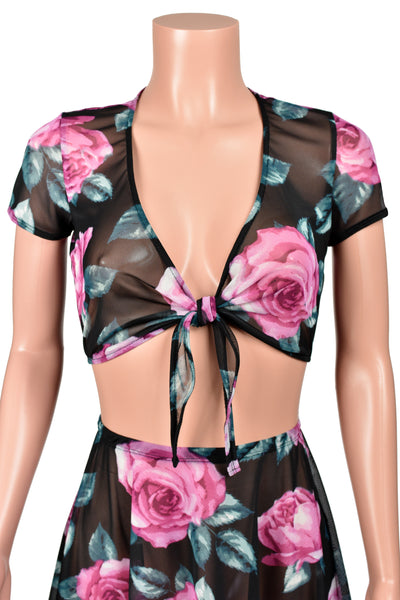 Black Floral Mesh Tie-Front Crop Top