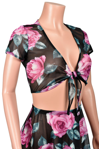 Black Floral Mesh Tie-Front Crop Top