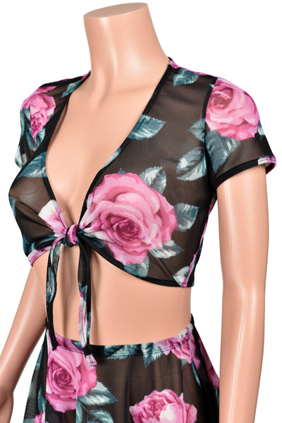 Black Floral Mesh Tie-Front Crop Top
