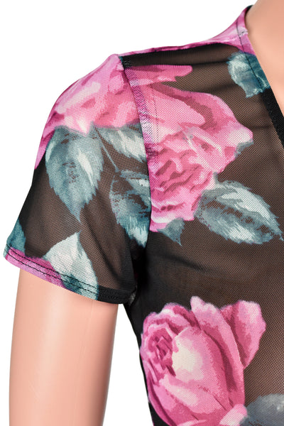 Black Floral Mesh Tie-Front Crop Top