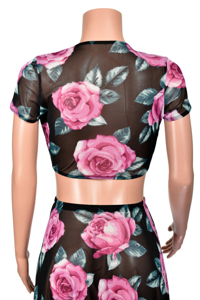 Black Floral Mesh Tie-Front Crop Top