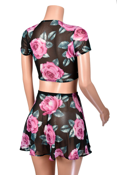 Black Floral Mesh Tie-Front Crop Top