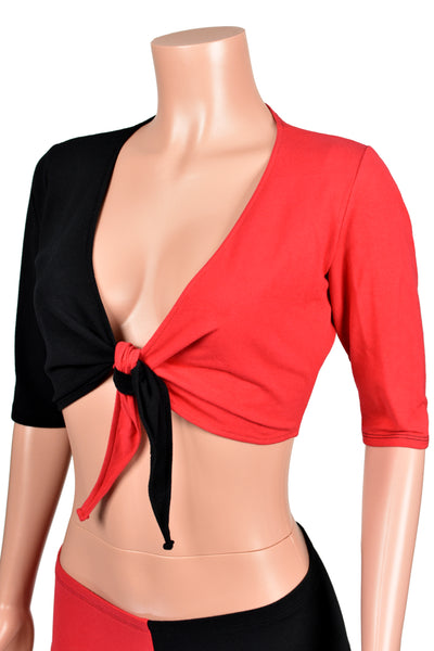 Black and Red Cotton Spandex Tie-Front Crop Top