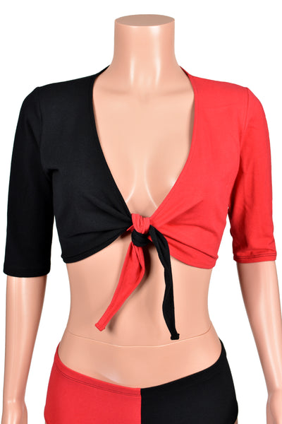 Black and Red Cotton Spandex Tie-Front Crop Top