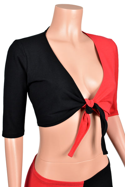 Black and Red Cotton Spandex Tie-Front Crop Top