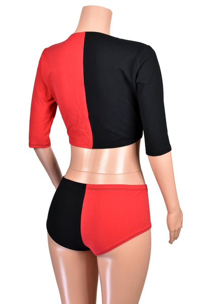 Black and Red Cotton Spandex Tie-Front Crop Top