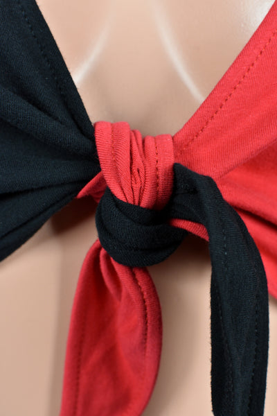 Black and Red Cotton Spandex Tie-Front Crop Top