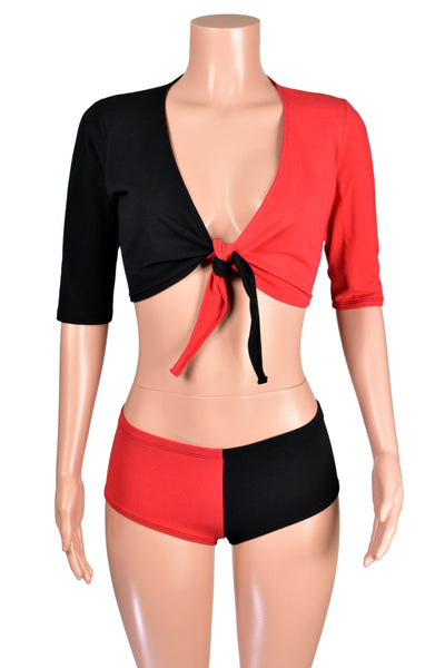 Black and Red Cotton Spandex Tie-Front Crop Top