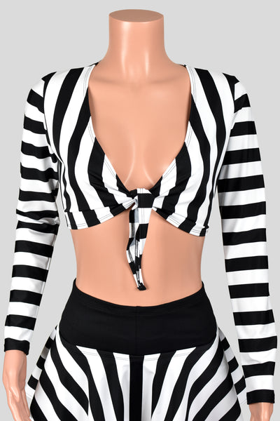Black and White Stripe Tie-Front Longsleeve Crop Top