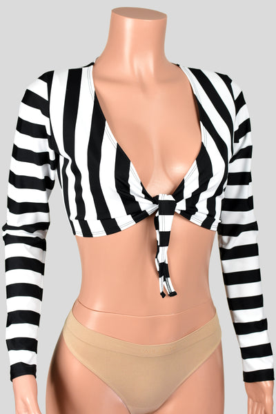 Black and White Stripe Tie-Front Longsleeve Crop Top