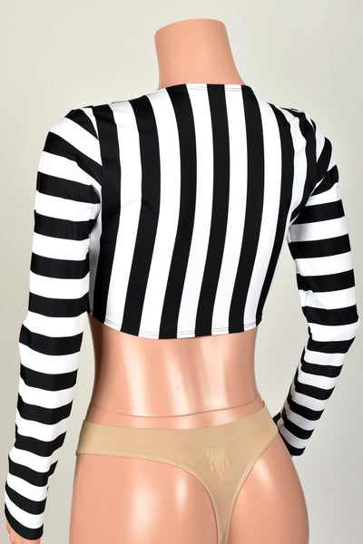 Black and White Stripe Tie-Front Longsleeve Crop Top