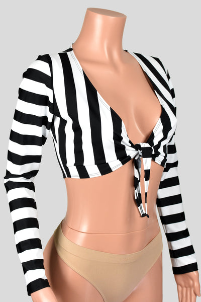 Black and White Stripe Tie-Front Longsleeve Crop Top