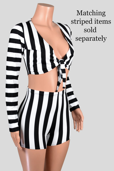 Black and White Stripe Tie-Front Longsleeve Crop Top