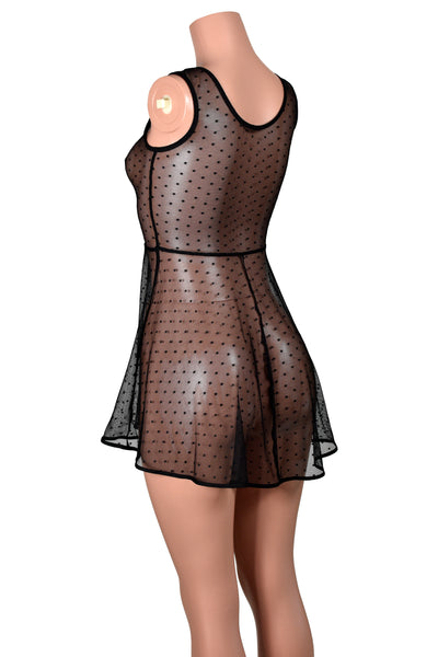 Sleeveless Black Polka Dot Mesh Mini Skater Dress