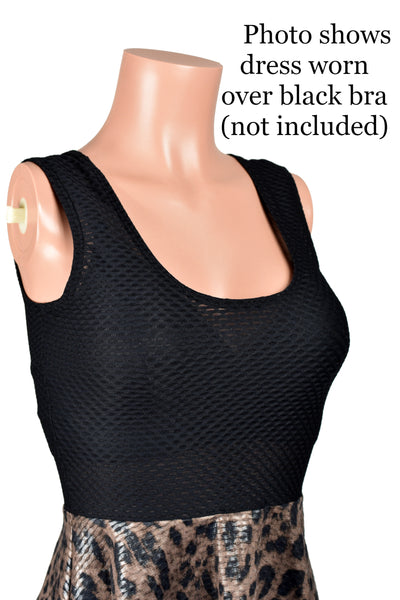 Semi-Sheer Black Mesh Net and Metallic Leopard Mini Dress