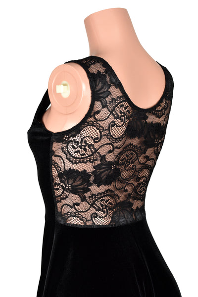 Black Velvet and Lace Sleeveless Skater Dress (sheer back)