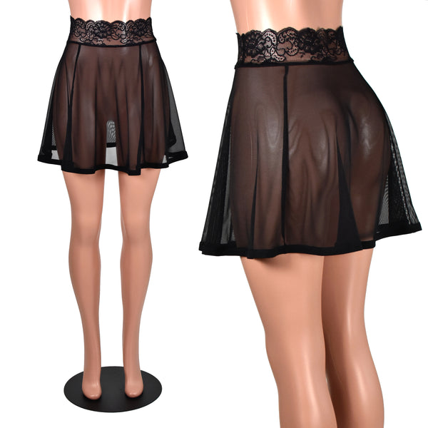 Black Mesh Skirt with Lace Waistband (Four Length Options)