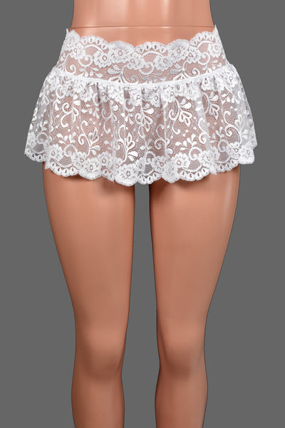 Ruffled White Lace Micro Mini Skirt (9" Length)