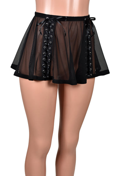 Lace-Up Front Flared Black Mesh + Elastic Skirt (white, red, or black lacing) 11" Length