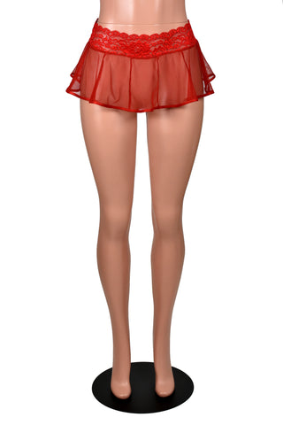 Sheer Red Mesh and Lace Micro Mini Skirt