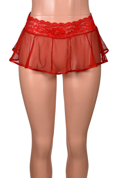 Sheer Red Mesh and Lace Micro Mini Skirt