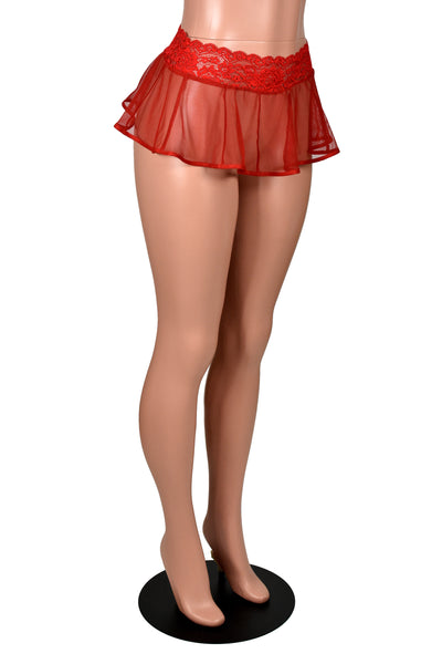 Sheer Red Mesh and Lace Micro Mini Skirt