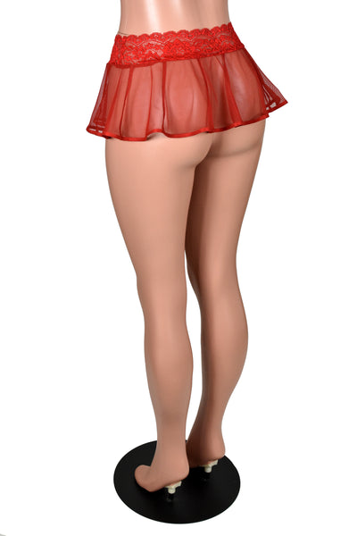 Sheer Red Mesh and Lace Micro Mini Skirt