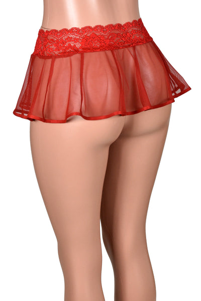 Sheer Red Mesh and Lace Micro Mini Skirt