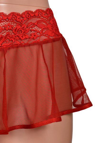 Sheer Red Mesh and Lace Micro Mini Skirt