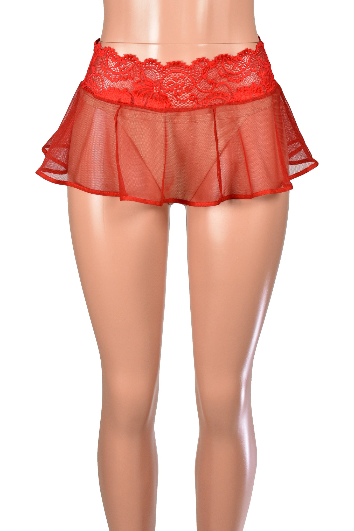 Mannequin wearing 9" long Sheer Red Mesh and Lace Micro Mini Skirt (lace waistband with flared mesh panels)