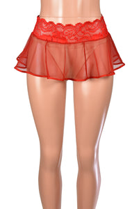 Mannequin wearing 9" long Sheer Red Mesh and Lace Micro Mini Skirt (lace waistband with flared mesh panels)